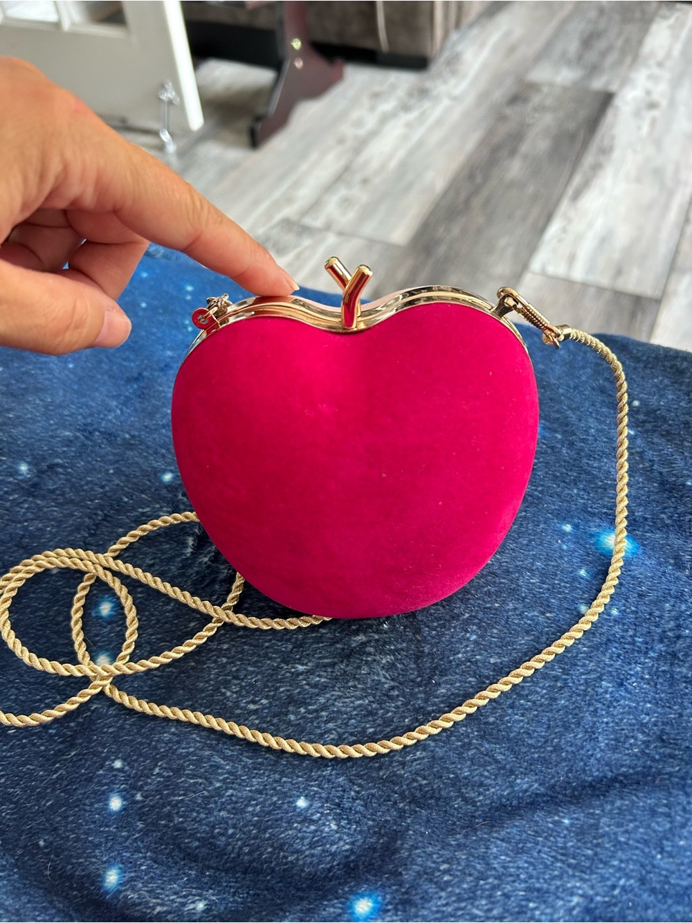 Nikky Ricci- Fuchsia Velvet heart Crossbody Bag with Gold Chain